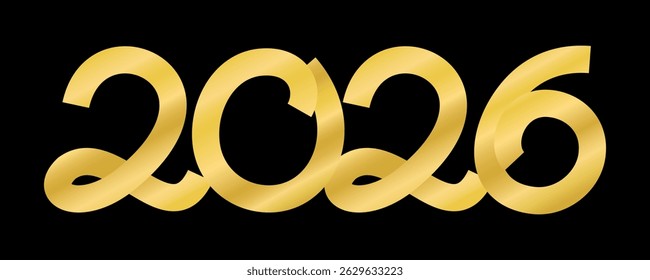 Happy New Year banner with gold 2026 on black background. Holiday poster of new year eve celebration with golden ribbons in numbers shape. Luxury bg with 2026, vector illustration