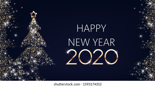 Happy New year banner with golden sparkles. Winter holiday vector
