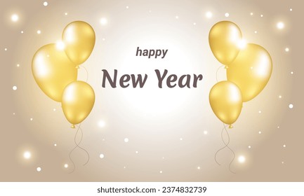 Happy New Year. Banner with golden balls on a light background with lights.