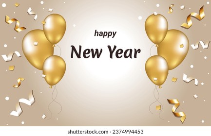 Happy New Year. Banner with golden balls on light background with lights and streamers.