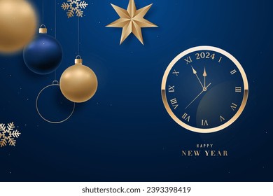 Banner de Año Nuevo feliz con reloj dorado. Bolas de oro colgando, copos de nieve y estrella. El reloj muestra cinco minutos hasta 2024. 