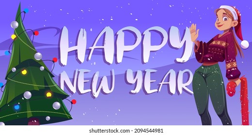 Happy New year banner or greeting card. Cheerful woman in Santa hat and knit sweater waving hand near decorated fir-tree under falling snow, Winter holidays celebration, Cartoon vector illustration