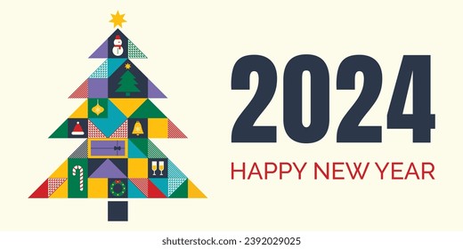 Happy New Year banner, greeting card, poster, holiday cover. Modern Xmas design design with geometric pattern and holiday elements