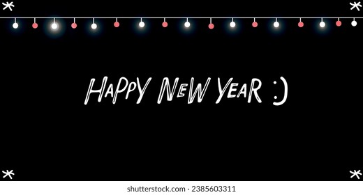 Happy new year banner. Hand lettering isolated on black background. Festive congratulations. Flat vector Celebration illustration with garland of small luminous bulbs