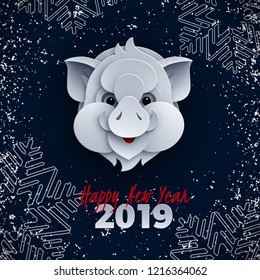 Happy new year banner, head of the pig, animal symbol of 2019, congratulation text. Dark background with snowflakes for poster, greeting card, banner design, paper cut out style, vector illustration