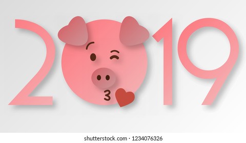 Happy new year banner, head of the pig, animal symbol of 2019, congratulation text. Celebration red background for your poster, greeting card, banner design, paper cut out style, vector illustration.