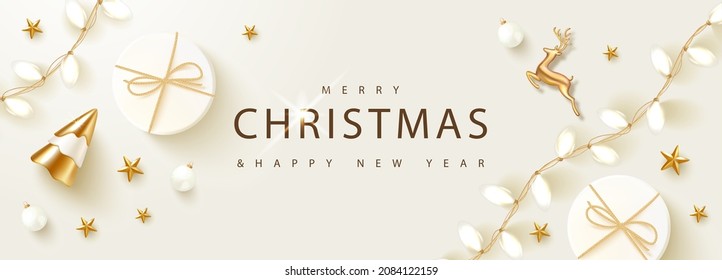 Happy New Year banner. Holiday background with Golden metal deer, Christmas tree,Christmas tree balls,stars,gift box and luminous garland.Vector illustration for website,posters,ads,coupons,promotiona