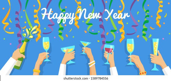 Happy New Year banner with human hands holding glasses with champagne and wine, streamers and confetti. Vector illustration