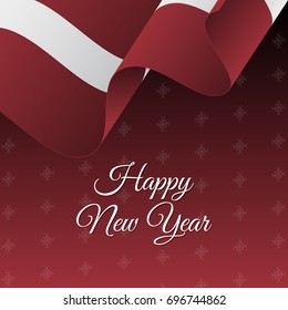 Happy New Year banner. Latvia waving flag. Snowflakes background. Vector illustration.