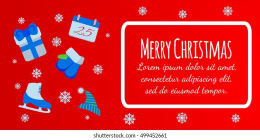 Happy New Year banner. Merry Christmas giftcard. Xmas poster with skates, gift, mittens. Vector Illustration. Vector Illustration. Vector Illustration.