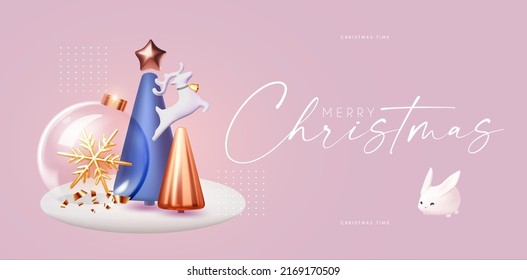 Happy New Year banner with minimal Christmas trees, deer and glass ball with snowflake. 3D design