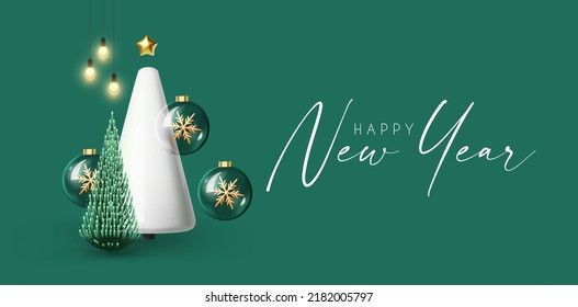 Happy New Year banner with minimal Christmas tree. 3D design