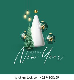 Happy New Year banner with minimal Christmas tree. 3D design