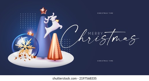 Happy New Year banner with minimal Christmas trees, deer and glass ball with snowflake. 3D design