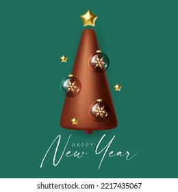 Happy New Year banner with minimal Christmas tree. 3D design