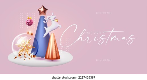 Happy New Year banner with minimal Christmas trees, deer and glass ball with snowflake. 3D design