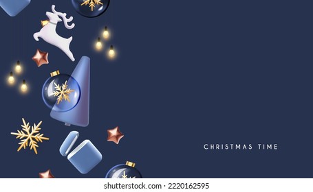 Happy New Year banner with minimal Christmas trees, deer and glass ball with snowflake and light bulbs. 3D design