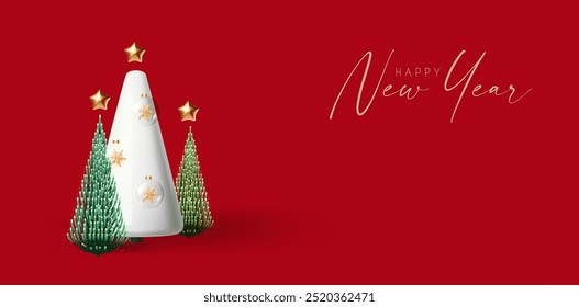 Happy New Year banner with minimal Christmas tree. 3D design