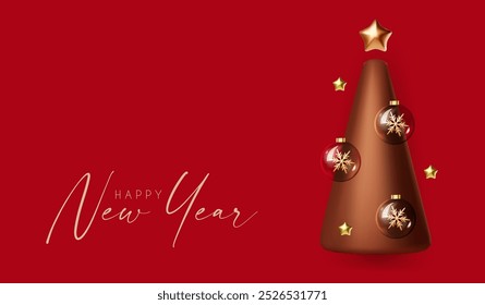 Happy New Year banner with minimal Christmas tree. 3D design