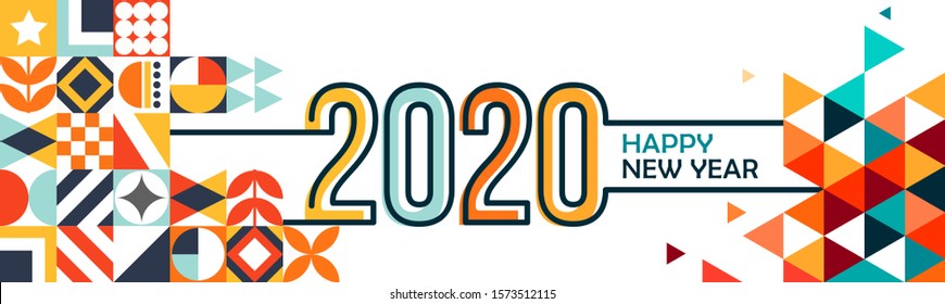 alegre banner de año nuevo con fondo abstracto geométrico moderno en estilo retro. feliz diseño de tarjetas de felicitación de año nuevo para el año 2020 incluye formas coloridas abstractas. Ilustración del vector