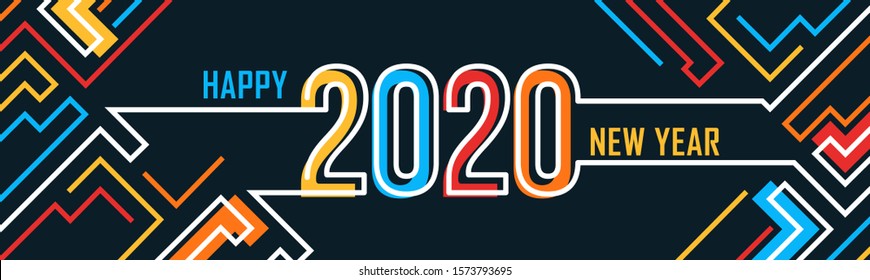 happy new year banner with modern geometric abstract background having colorful lines. happy new year greeting card design for year 2020 includes colorful abstract pipelines. Vector illustration