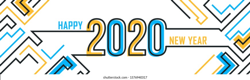 happy new year banner with modern geometric abstract white background having colorful lines. happy new year greeting card design for year 2020 includes colorful abstract pipelines. Vector illustration