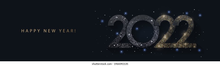 Happy New Year banner. Modern design with 2022 glittering black and gold numbers with falling snow on night sky background. Vector illustration for horizontal poster, greeting card, header for website