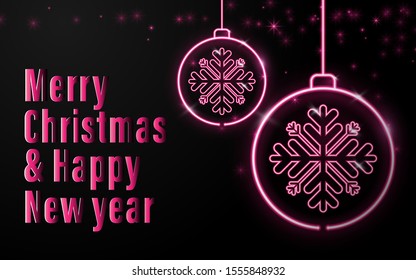 Happy new year banner. Neon sign of Christmas balls with christmas calligraphy on black background