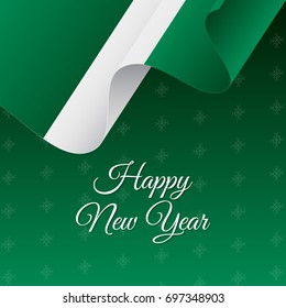Happy New Year banner. Nigeria waving flag. Snowflakes background. Vector illustration.