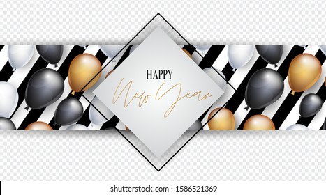 Happy New Year banner overlay with transparent background. For advertisement or website design. Winter holiday celebration invitation decoration. Gold, black, and white balloons and script lettering. 