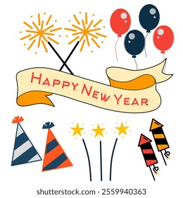 Happy New Year banner, party props, elements collection. Hats, fireworks, firecrackers, and stars. 