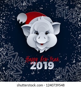 Happy new year banner, pig head in santa hat, animal symbol of 2019, congratulation text. Dark background, snowflakes for poster, greeting card, banner design, paper cut out style, vector illustration