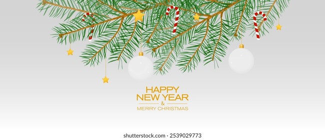 Banner feliz ano novo com ramos de pinho, brinquedos de Natal e doces. Ilustração de saudação de Ano Novo.