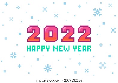 Happy New Year banner in pixel art style. The numbers 2022 and snowflakes on white background. Vector illustration.