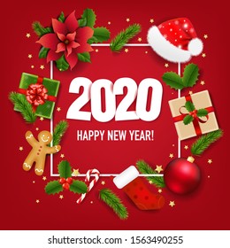 Happy New Year Banner With Poinsettia With Gradient Mesh, Vector Illustration