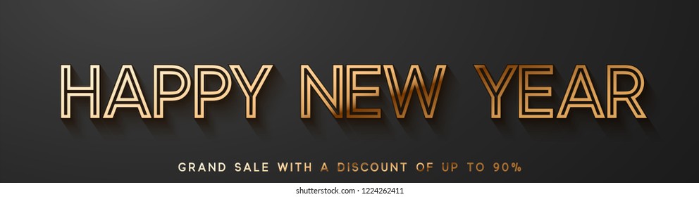 Happy New Year Banner, poster, logo golden color on black background.