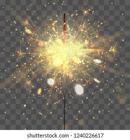 Happy New Year banner, poster. Celebrate party gold sparkler little fireworks with lights, bokeh on transparent background. Christmas holiday design, decor. Vector illustration.