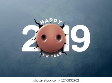 Happy New Year banner, poster, flyer. Pig nose. Realistic pig snout. 2019 year of pig, chinese new year. Wallpaper. Creative design. Vector illustration