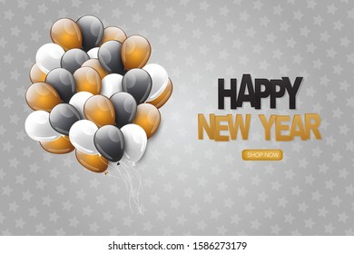 Happy New Year banner or poster. A banch of balloons on silver background. Vector illustration.