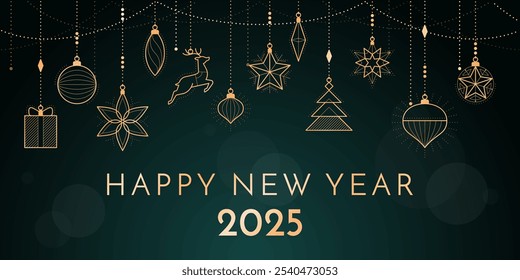 Happy New Year banner with precious golden decorations and text, holidays and celebrations concept