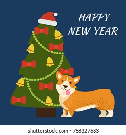 Happy New Year banner representing tree decorated with hat of Santa Claus, garlands and bows with bells, image of dog isolated on vector illustration