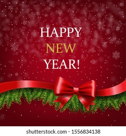 Happy New Year Banner With Ribbon And Fir Tree With Gradient Mesh, Vector Illustration