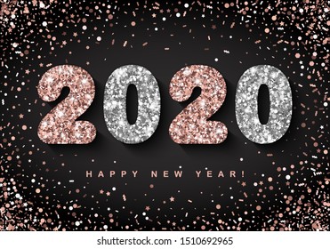 Happy New Year banner with Rose and Silver 2020 Numbers on black background with flying confetti. Vector illustration. All isolated and layered
