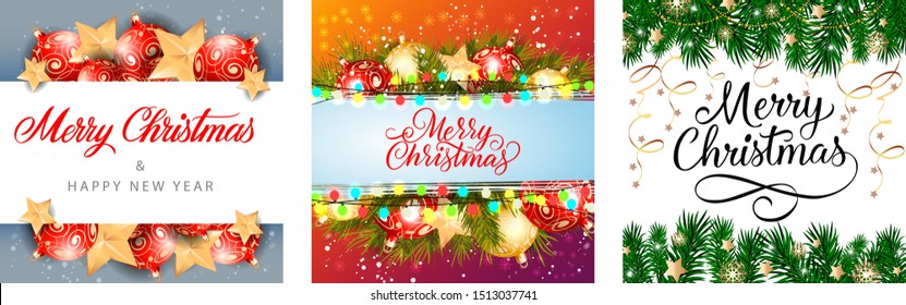 Happy New Year banner set with baubles and fir. Decorative design can be used for invitations, post cards, announcements