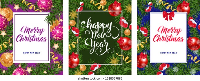 Happy New Year banner set with fir, balls and swirl elements. Calligraphy with decorative design can be used for invitations, post cards, announcements