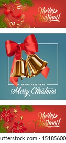 Happy New Year banner set with bells, bow, poinsettia, fir twigs. Calligraphy with decorative design can be used for invitations, post cards, announcements