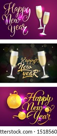 Happy New Year banner set with glasses and balls. Calligraphy with decorative design can be used for invitations, post cards, announcements