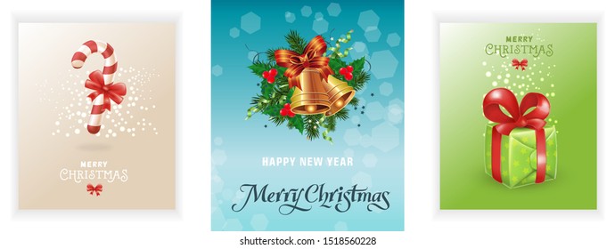 Happy New Year banner set with bells, candy cane, gift. Calligraphy with decorative design can be used for invitations, post cards, announcements