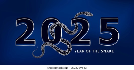 Happy new Year banner with shiny 2025 typography is outlined in silver, with a detailed cyan snake coiling through the numbers against dark blue background and text "Year of the Snake"