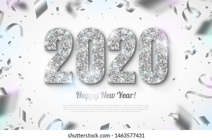 Happy New Year Banner with Silver 2020 Numbers on Bright Background with Flying Confetti and Streamers. Vector illustration